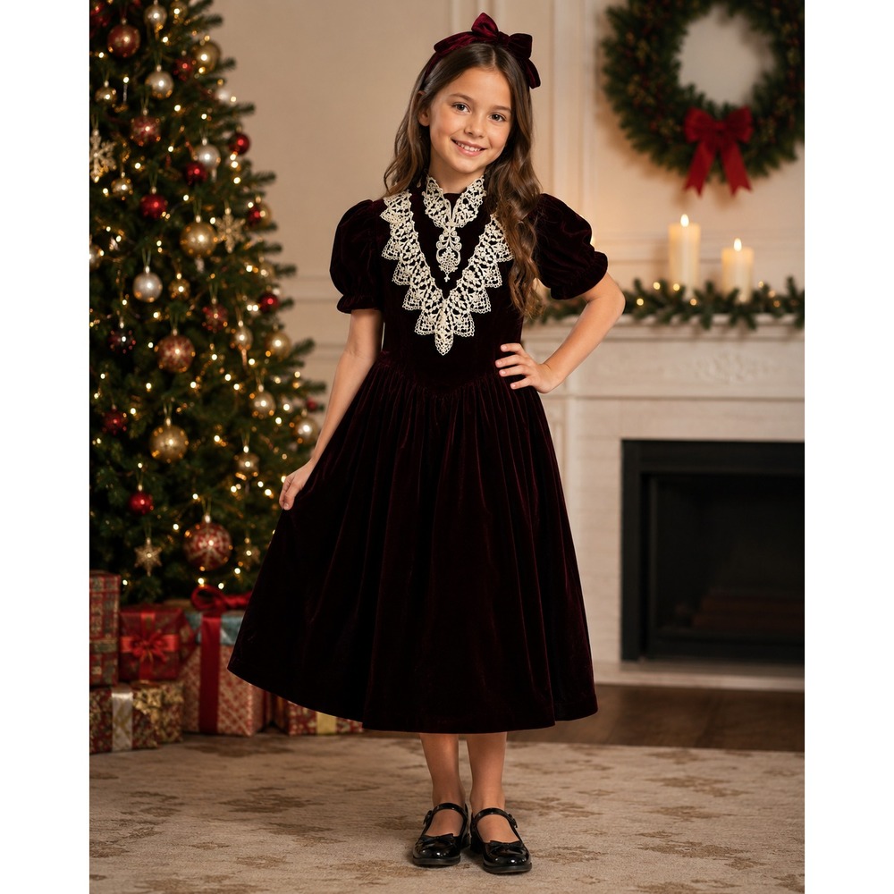 Jessica McClintock Velvet Vintage Lace Victorian Girls 8 Dress Burgundy Modest
